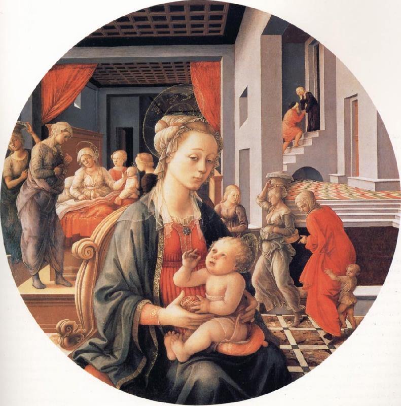 Fra Filippo Lippi The Madonna and Child with the Birth of the Virgin and the Meeting of Joachim and Anna